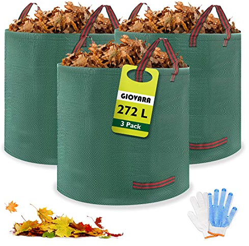 GIOVARA 3 x 272L bolsas de basura de jardín, resistentes al agua, grandes bolsas de basura con asas, plegables y reutilizables