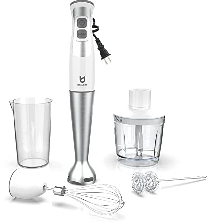 Immersion Hand Blender, UTALENT 5-in-1 8-Speed Immersion Blender with 500ml Food Grinder, 600ml Container,Milk Frother,Egg Whisk,Puree Infant Food, Smoothies, Sauces and Soups - White
