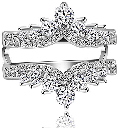 Uloveido Women White Gold Plated Filigree Vintage Crown Wedding Ring Guard CZ Anniversary Engagement Ring Enhancer (Size 9)