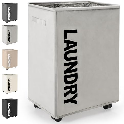Rieeyrslza Cesto della Biancheria con Ruote 65L Cesto Portabiancheria Sporca di Tessuto Oxford Grandi Cesta del Bucato con Maniglia Portabiancheria Pieghevole, Riporre Federa e Coperte (Grigio Chiaro)