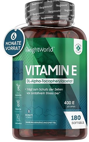 Vitamin E Weichkapseln 400IE - 180 vegane Softgels - Vit E Öl DL Alpha Tocopherylacetat - 6 Monate Vorrat - Vitamin E trägt zum Schutz der Zellen vor oxidativem Stress bei (EFSA) - WeightWorld