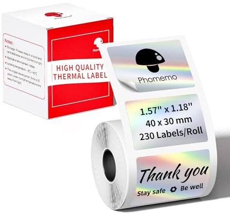 Phomemo Holographic Silver Etiketten für M220 M250 M221 M120 M150 M108 M110 M421 Etikettendrucker, Thermoaufkleber Etiketten für Lager, Haus, Schule, Geschäft, 1 Rolle, 40x30mm, 230 Etiketten/Rolle