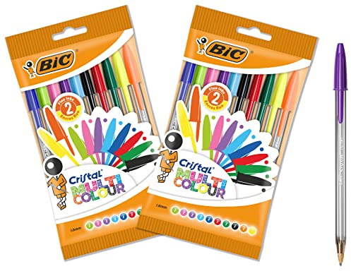 BIC Cristal Multicolor Bolis de Punta Gruesa 1,6 mm con Capuchón Extraíble, Colores vivos Surtidos y Neón, 2 Packs de 10