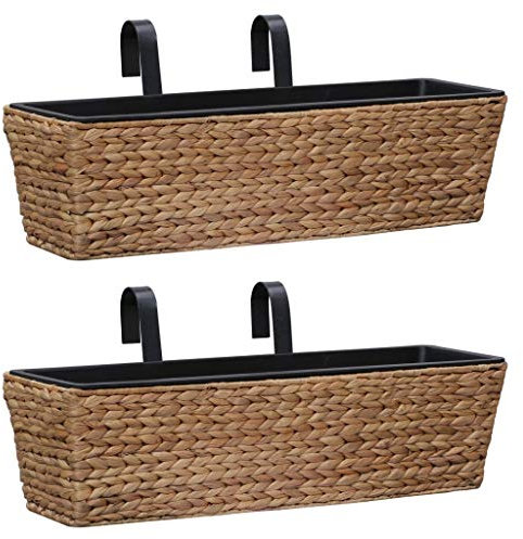 Makastle Lot de 2 Pots de Fleurs pour Balcon en Jacinthe d'eau et Cadre en Acier, Parfaits pour terrasse et Balcon, Marron, 60 x 20 x 18 cm