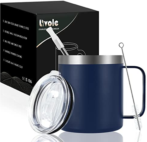 Livole Campingmugg i rostfritt stål, dryckesmugg på 350 ml med lock och sugrör, dubbelväggig termosmugg med vakuum, termosmugg med handtag, kaffemugg att ta med, isolerad utomhuskopp, marinblå