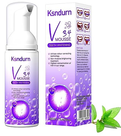 V34 Color Corrector Mousse, Ksndurn 60ML V34 Purple Whitening Foam Toothpaste, Teeth Whitening Serum - Teeth Whitening Booster, Tooth Stain Removal