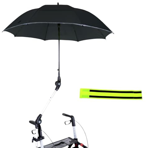 Olanmarp MPB Pieper UNIVERSALER ROLLATORSCHIRM mit Halterung + Schirmhülle 99: Höchste Qualität Made in Germany für Regen,Sonne,Wind, UV Band mit Streifen (Schwarz mit reflektierendem Rand)