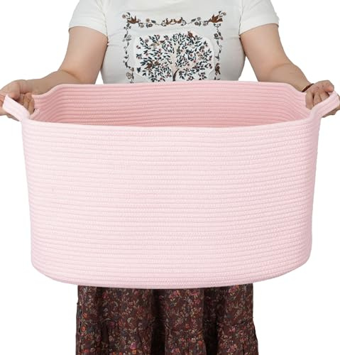 XUANGUO Large Rectangle Blankets Baskets 22x17x12 Toy Basket for Kids Woven Cotton Rope Storage Basket for Nursery - Wicker Laundry Baskets for Clothes Towels - Ideal for Living Room Storage pink