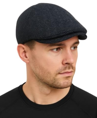 Navy Blue Herringbone Flat Cap-Scally Style -Wool Blend -6 Panel-One Size Fits 56-59cm