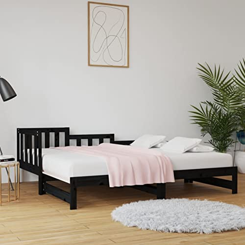 Rantry Utdragssäng, dagsäng, utdragbar sängsoffa, bäddsoffa, träsäng, gästsäng, ribbotten för vardagsrum, sovrum, svart 2 x (80 x 200) cm, massivt trä furu