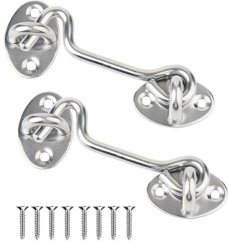 Sturmhaken Edelstahl,2 Stück Kabine Haken Sturmhaken mit öSe Sturmhaken Edelstahl Kabinenhaken Türhaken 4 Zoll Locking Türschloss Fensterhaken für Schiebetürfenster Scheunentor Türen Garagentor