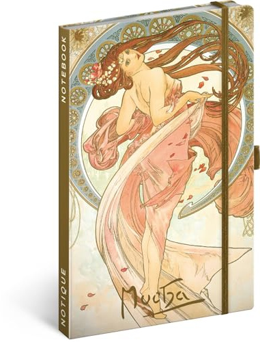 NOTIQUE Anteckningsbok linjerad med gummiband 13 x 21 cm ca. A5, designer inbunden anteckningsblock, anteckningsbok, dagbok för vuxna, kvinnor (alphonse mucha dans)