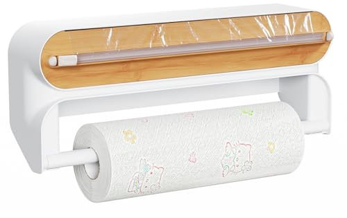2 in 1 Frischhaltefolienspender mit Cutter, Küchenrollenhalterung mit Küchenrollenhalter, Alufolienspender und Frischhalte, Küchenrollenhalter Ohne Bohren, Folienschneider, Wandrollenhalter Küche