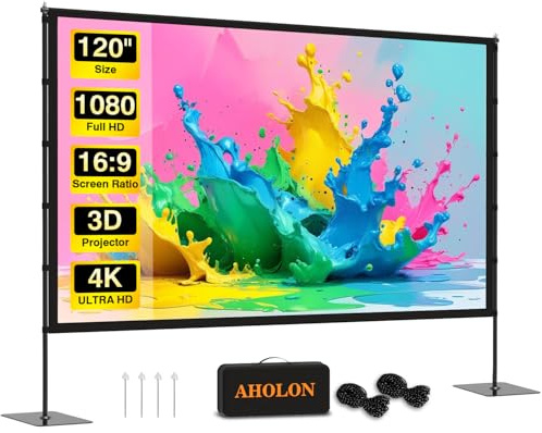 AHOLON Outdoor Projector Screen with Stand - 120 inch Portable Projector Screens Indoor Outdoor Projector Screen 16:9 4K HD Outdoor Movie Screen with Carry Bag,Enioy Home Theater Projection Screen
