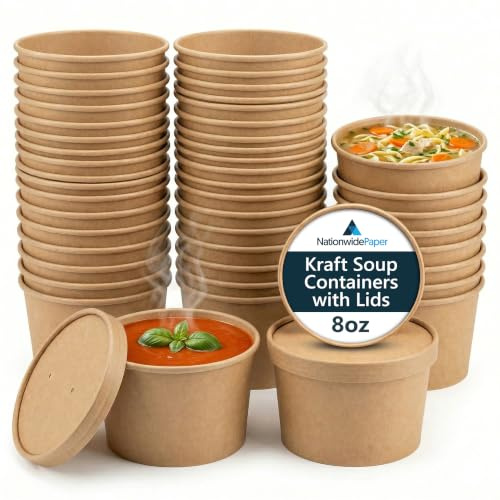 Nationwide Paper 8oz Brown Kraft Disposable Soup Containers with Lids 500 Pcs of Paper Soup Bowls Takeaway Tubs Perfect for Ice Cream and Deli Containers (230ml)