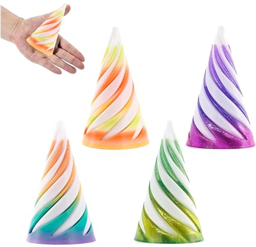 4 PCS Spiral Cone Fidget Toy, Impossible Cone Stress Relief Desk Toy, 3D Printed Spiral Fidget Toy for Anxiety Relief, Fun Desk Decor for Home, Office, School (Green, Purple, Yellow, Rainbow)