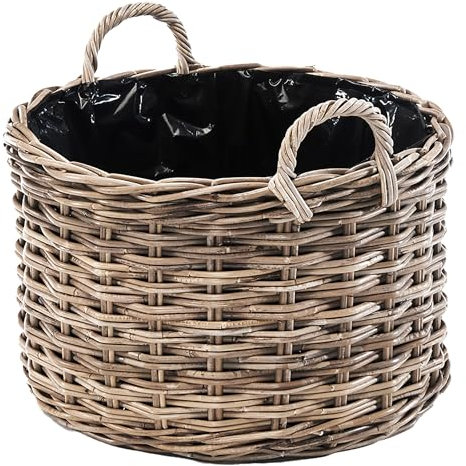 Kobolo Pflanzkorb Selina 50x50x40 cm, rund, Grauer Rattankorb mit Folie & Griffen, dekorativer Übertopf für Pflanzen, Kräuter, Garten, Balkon, Terrasse, Innen- & geschützten Außenbereich