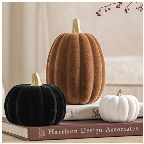 DN DECONATION Deko Kürbisse Herbst 3 Set – Flock Kürbis Herbstdeko aus Resin in Weiß, Braun & Schwarz – -Oberfläche mit Goldstiel – Zierkürbisse für Tischdeko, Halloween & Herbst Dekoration