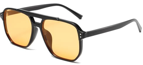 Long Keeper Gafas de Sol Piloto para Mujer Hombre Retro Gafas de Sol Cuadradas Vintage Años 70 Gafas de Doble Puente Piloto Clásicas UV400 Protección (Montura Negro - Lentes Amarillo)