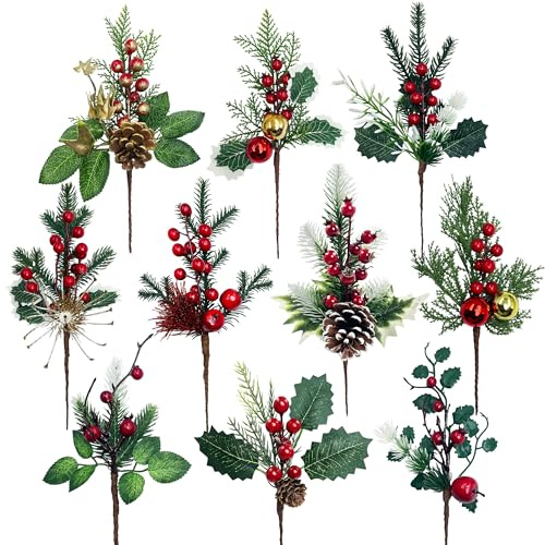TINA 10 Stück Künstliche Tannenzweige wie Echt mit Tannenzapfen und Rote Beeren Deko Weihnachten Zweige Adventskranz Tannengrün, Kiefernzweige Weihnachtszweige Weihnachtsdeko für DIY Weihnachtskranz
