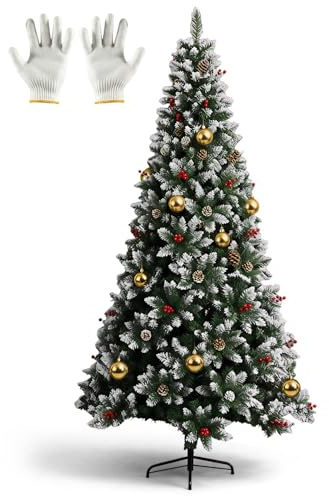 Albero di Natale 1.8 m con 800 Rami, 27 Pigne, 27 Bacche Rosse, 6 Palline Dorate, Guanti Inclusi, Struttura in Ferro, Montaggio Facile e Stabile