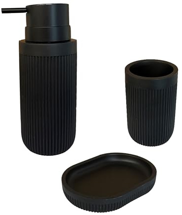 Relaxdays Bad Accessoires, 3-teilig, Seifenschale, Seifenspender, Zahnputzbecher, Polyresin, Bad Zubehör Set, schwarz