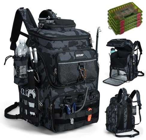 Goture Angelrucksack mit 4 Köderbox Angeln, 55-Liter Angelzubehör-Rucksack mit Zwei Rutenhaltern und Regenschutz, 900D Oxford-Gewebe Wasserabweisende Angelgerätetasche mit verstellbarem Fach