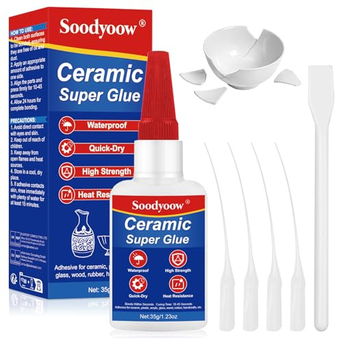 Soodyoow Colla per Ceramica 35g, Adesivo Istantaneo Forte, Impermeabile e Trasparente, per Riparare Porcellana, Ceramica, Vetro e altro, Perfetta per Fai da Te