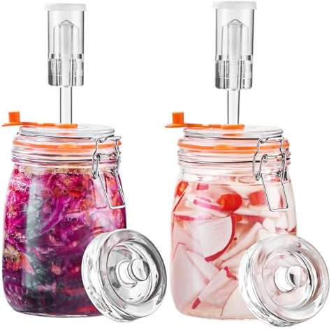 SwiftSlot 1.1L Round Glass Fermentation Jars with Weights | Fementing Kit for Sauerkraut, Kimchi, Kombucha and Pickles