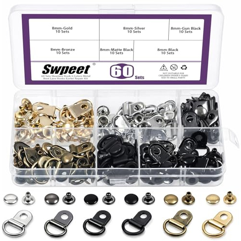 Swpeet 60 Sets 6 Colores Ganchos de encaje de zapatos con remaches de tapa cúpula Kit de surtido, gancho de encaje de bota de zapatos, hebillas de ojo de anillo D, accesorios de clip de reparación