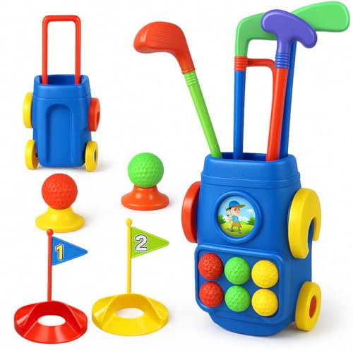 Toyana 15 PCs Kids Golf Set with Portable Trolley Bag Caddy Cart, Sturdy Plastic Golf Clubs, 8 Balls, 2 Holes, Golf Training Playset, Outdoor Garden Sports Activity Game Toy for Children Age 3+ Years
