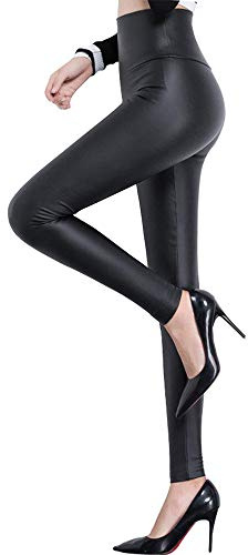 FITTOO Women High Waisted Faux PU Leather Leggings Stretchy Slim Fit Trousers, XL, Matte Black
