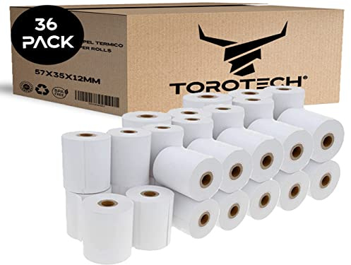 TOROTECH Rollos de Papel Térmico Blanco para Datáfonos 57x35x12mm - 36 Rollos - Ecológicos Sin BPA - Bobinas para Tickets Terminales Tarjetas Crédito Rodillos Impresoras POS Alta Durabilidad (36)