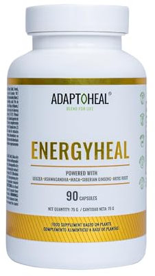 Adaptoheal Energyheal Complemento Alimenticio- Aumenta la Energía, la Concentración y la Vitalidad a Base de Plantas como Ashwagandha, Rhodiola Rosea, Maca–Vegano, Sin Gluten ni Lácteos (90 Cápsulas)