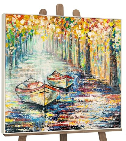 YS-Art Pintura abstracta sobre lienzo en acrílico Muelle de otoño Cuadros contemporáneos río con una barca Paisaje acogedor con marco 100x100 cm