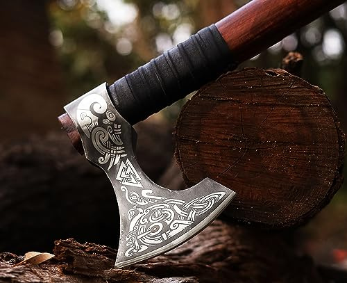 Wazir Crafts Handmade Viking Axe | 18 Carbon Steel Throwing Hatchet with Ash Wood Handle & Leather Sheath | Etched Norse Design, Functional & Collectible Gift(WCA-017)