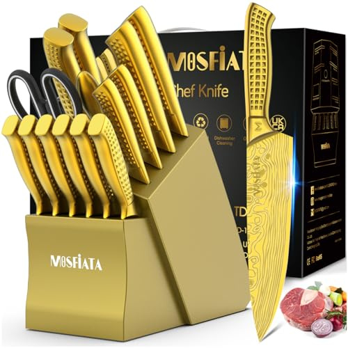 MOSFiATA 17-Piece Chef Knife Set with Block, Super Sharp Professional Kitchen Knife Set, High Carbon Stainless Steel Japanese Cooking Kitchen Knives Set with Knife Rod Sharpener Gift Box Gold