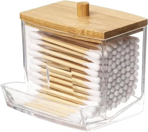 XINCHENG Support pour cotons-tiges, distributeur de cotons-tiges avec couvercles en bambou, boîte de rangement pour cotons-tiges et cosmétiques