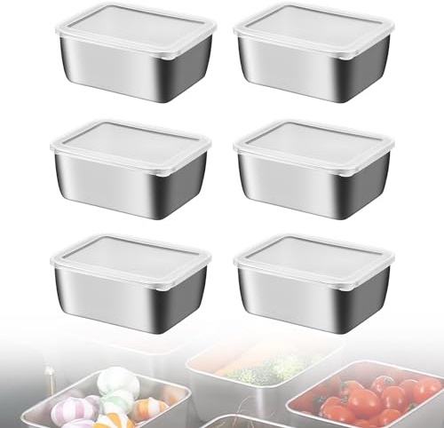 Frischhaltedosen mit Deckel, 6 Stück Brotdose Edelstahl, Metall Brotdose Klein Lunchbox, Edelstahl-lebensmittelbehälter, Meal Prep Boxen, Mehrweg, Stackables, Geschirrspüler für Fleisch, Käse(650ml)