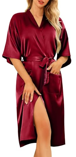 Lovasy Kimono de Satén Mujer Largo Sexy Japones Kimono Albornoces de Casa Novia y Dama de Honor con Bolsillos y Cinturón
