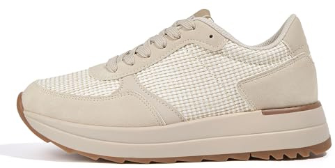 LUCKY STEP Zapatillas para Caminar de Mujer | Zapatillas de Moda con Plataforma para Mujer, Zapatos Casual con Cordones (Punto Beige, 7US-37EU-4UK)
