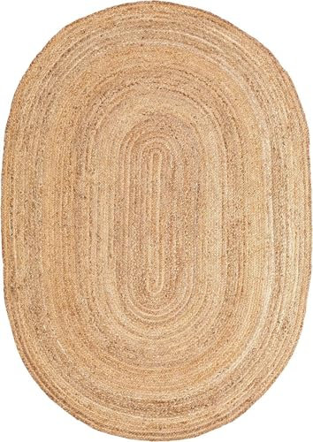 Craft Trade Natural Lavable Bohemia Yute Alfombra Reversible Trenzado Tejido a Mano Alfombra de Trapo Oval para Cocina Sala de Estar y Dormitorio - 90x150 cm