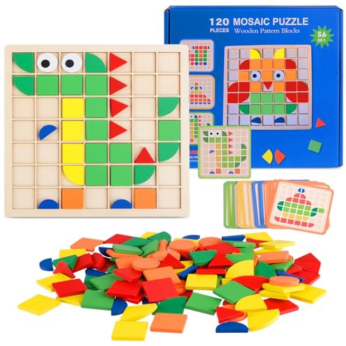 120PCS Mosaik Holzpuzzle, Montessori Spielzeug ab 3 4 5 6 Jahre, Tangram Kinder, Hölzerne Muster Blöcke Set mit 20 Designkarten, Geometrische Formen Holzpuzzles, Lernspielzeug Geschenk für Kinder