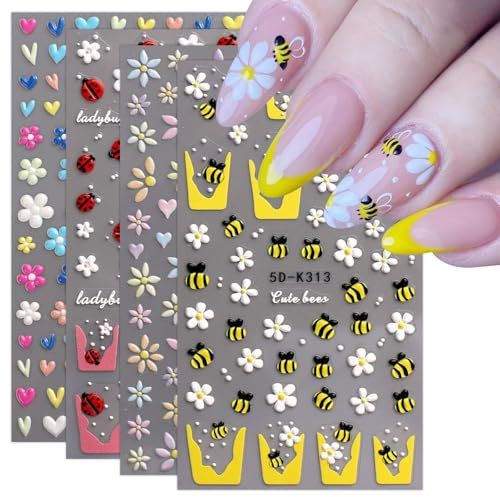 JMEOWIO 3D Fiore Ape Punta Francese Adesivi Unghie Nail Art, Stickers Unghie Autoadesivi 5D Decorazioni Unghie Nail Art Disegni 4 Fogli