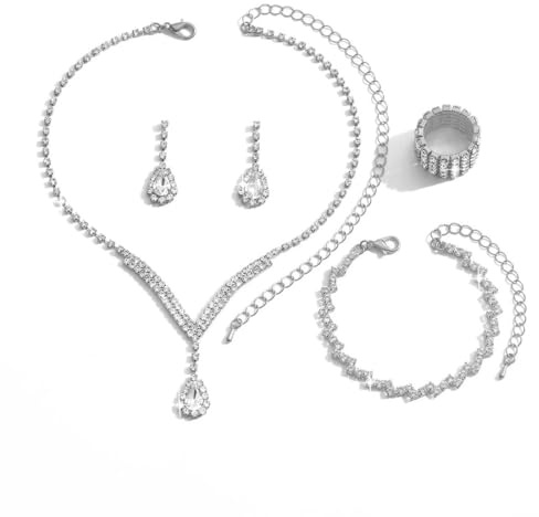 Hanaoops Juegos de 4 Piezas Joyas de Mujer Conjunto de Joyería para Novia Diamantes de Imitación Collar Pulsera Pendientes Anillos Juego Elegante Plata Juegos de Joyas para Fiesta de Boda