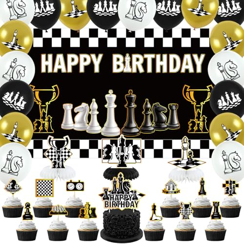 Obussgar födelsedag partydekorationer för schack – partytillbehör inklusive Happy Birthday-backdrop, spiraler, tårttoppar, bord centerpieces, ballonger (BJ)