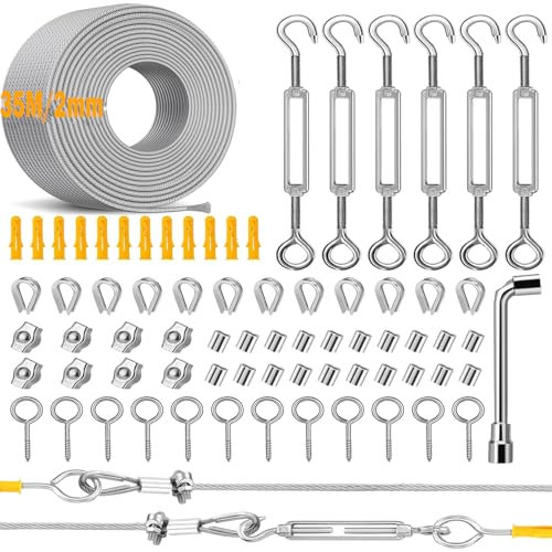 35M Drahtseil Rankhilfe Set 2mm Stahlseil Ummantelt Langlebiges Stahlseil-Set mit Seilspanner,Drahtseilklemme, Stahlseil ummantelt für Kletterpflanzen,Gardinen,Beleuchtung und String Light Hanging