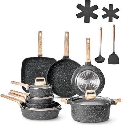 VEVOR Batterie de cuisine, 19 pcs, ensemble de casseroles et poêles à induction avec revêtement anti-adhésif en granit, couvercles en verre trempé, avec friture, sauce, sauté, passe au gril, noir
