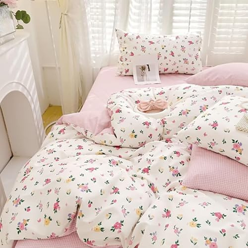 AShanlan Blumen Bettwäsche 155x220 Baumwolle Weiß Rosa Geblümt Bettwäsche-Sets mit Reißverschluss Aesthetic Floral Wendebettwäsche Enthält 1 Bettbezug 155x220 und 1 Kissenbezug 80x80 cm