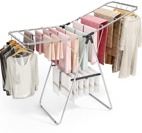 APEXCHASER Clothes Drying Rack, Drying Rack Clothing with Height-Adjustable, Foldable Gullwings Laundry Rack, Indoor Outdoor Use, No Assembly,Black